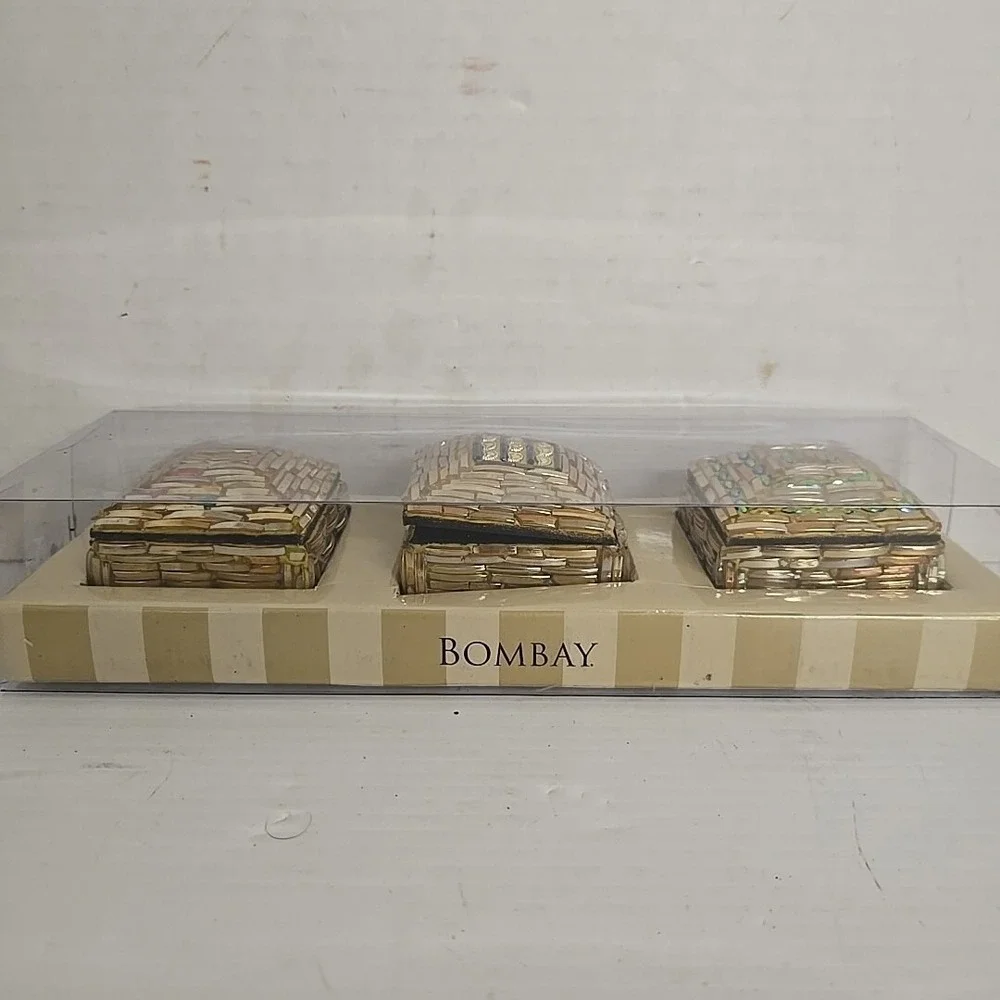 Bombay Mosaic Jeweled Rhinestone‎ Trinket Box Jewelry Keepsake ~set Of 3